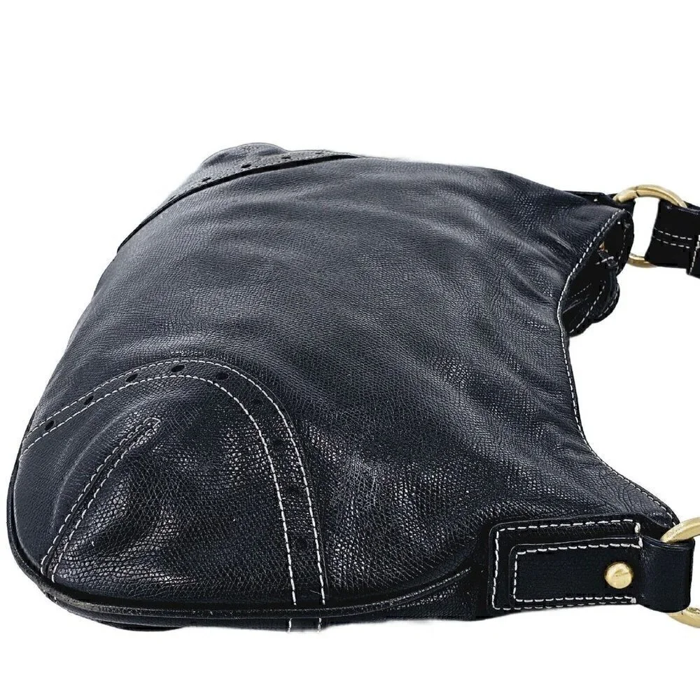 TALBOTS Black Glazed Textured Leather Hobo Shoulder Bag Silver Hardware Tassel